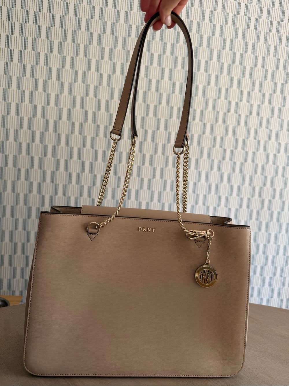 DKNY Bryant Park Leather Organizer Work Tote. Taupe with Gold Chain Accents